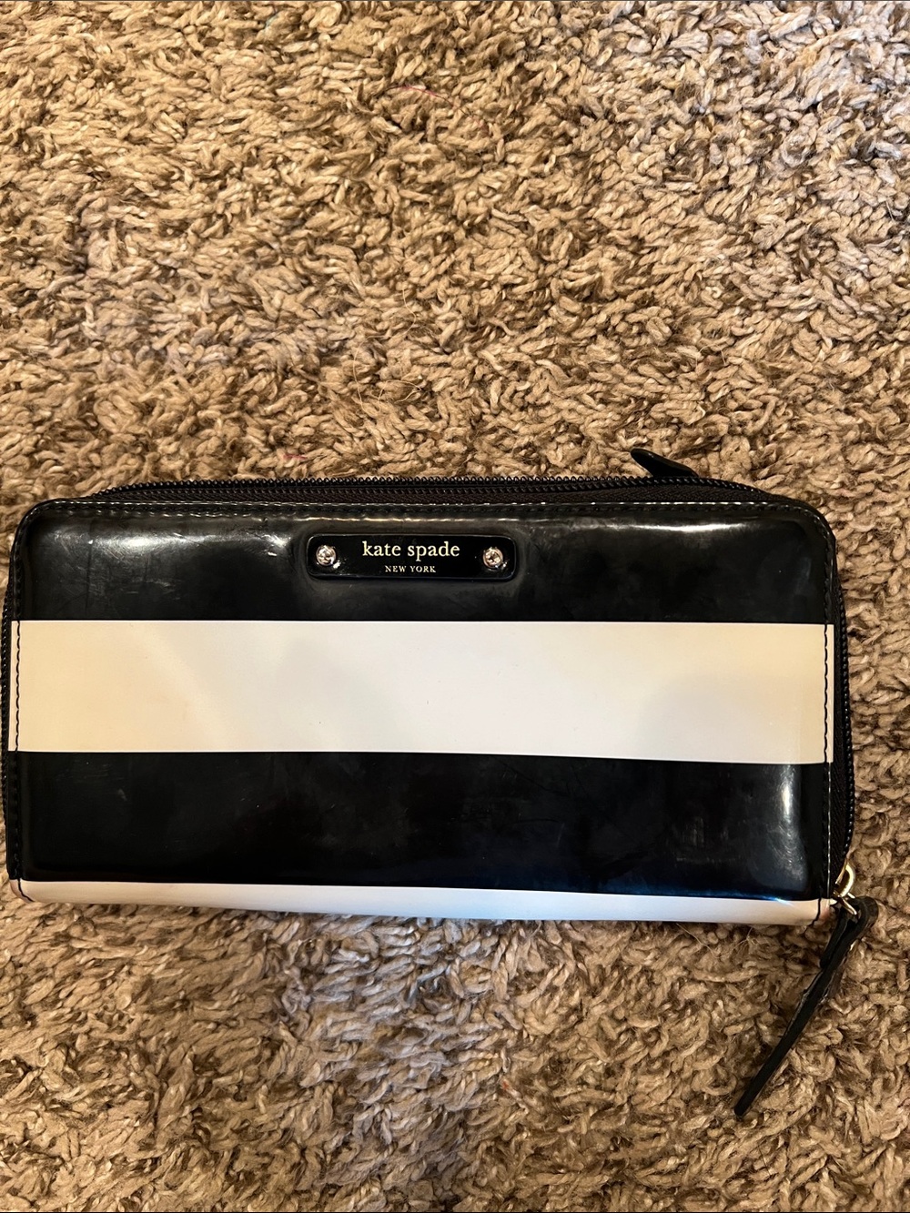 kate spade Black and White Patent Stripe Zip Wallet